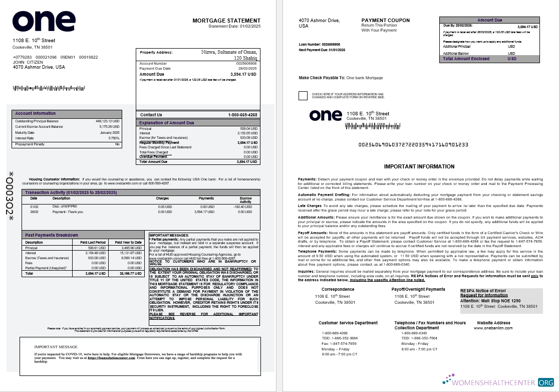 Download USA One bank mortgage statement in Word and PDF formats 1 2 Photoshop template